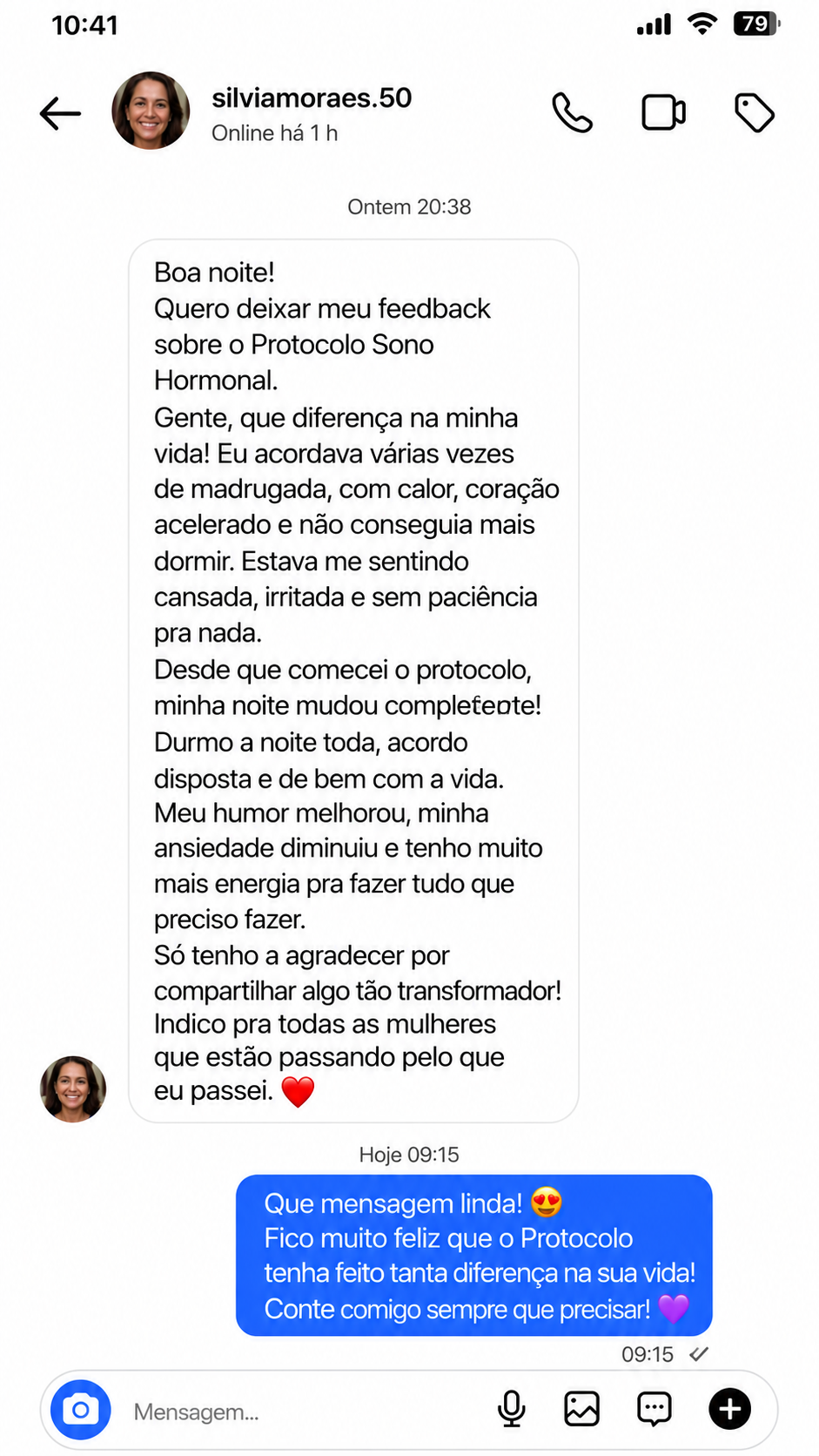 Depoimento de cliente sobre o Protocolo Sono Hormonal