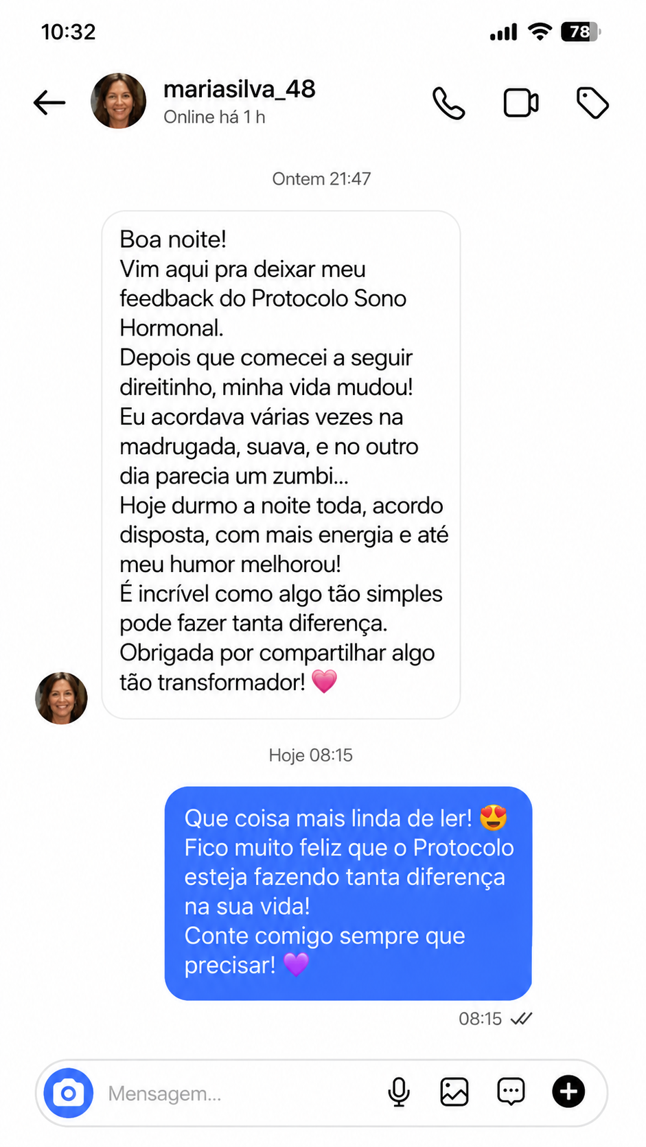 Depoimento de cliente sobre o Protocolo Sono Hormonal